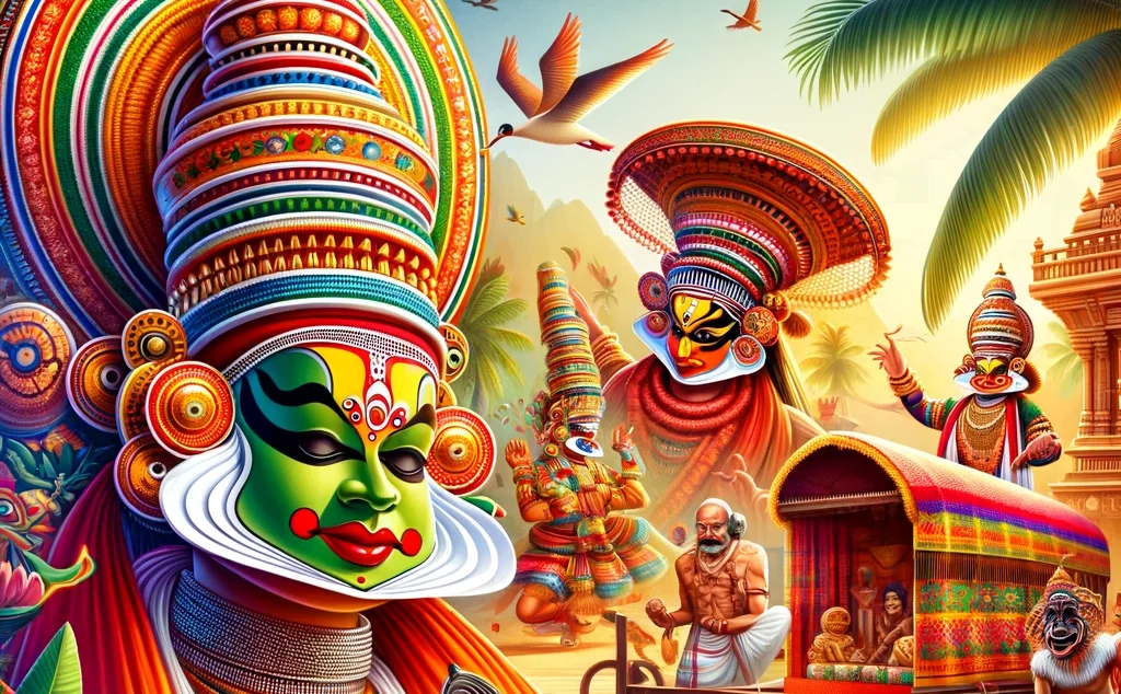 DALL·E-2023-11-26-10.23.20-A-vibrant-and-colorful-image-representing-the-culture-of-Kerala-India.-The-image-includes-a-Kathakali-dancer-in-traditional-costume-and-makeup-an-ic-1-e1701060967223